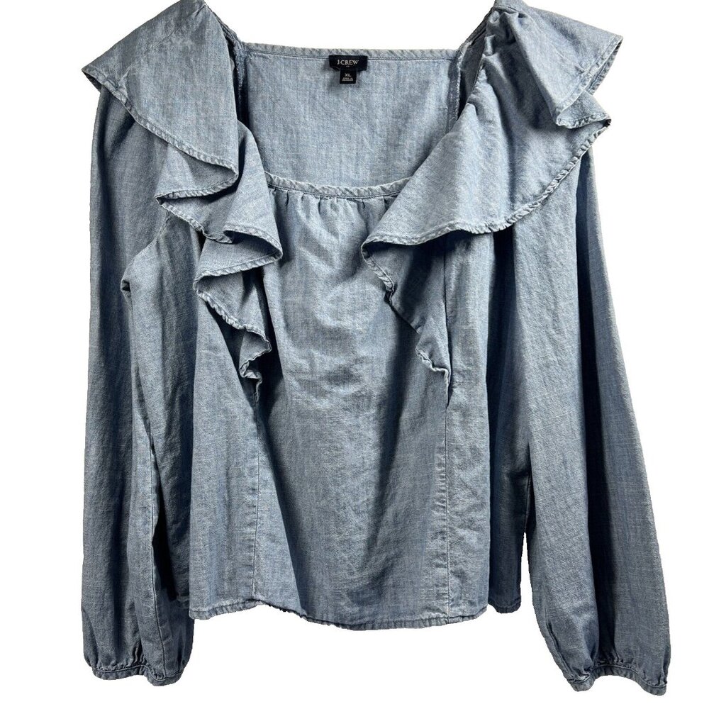 J Crew Women's Top Size XL 100% Cotton Denim Blue Ruffles Long Sleeve‎ Pullover